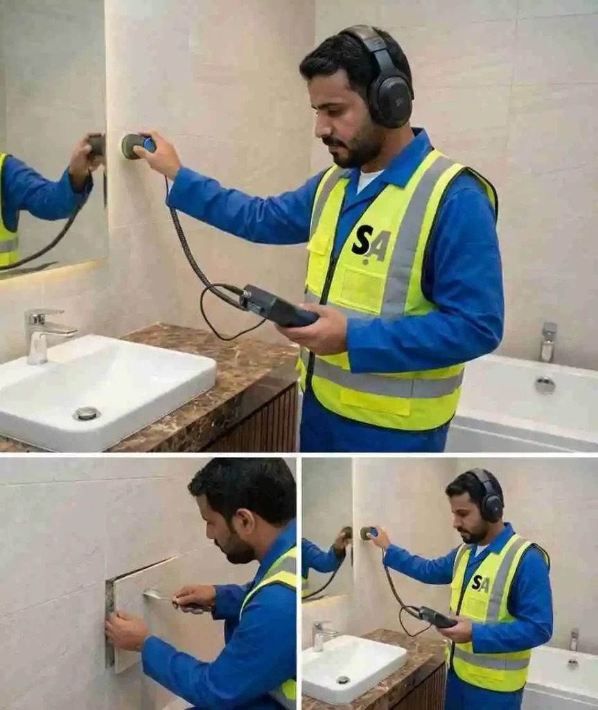 فني يفحص جدار حمام بجهاز قياس